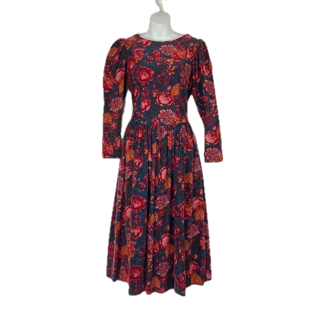 Vintage Laura Ashley Floral Corduroy Long Sleeve Prairie Maxi Dress Size 10 EUC